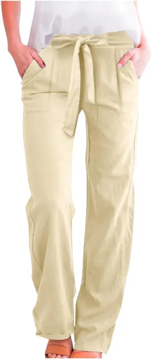 Womens Cotton Linen Summer Pull On Palazzo Pants Elastic Waist Ankle Length Slim-Fit Pant Trousers Vacation