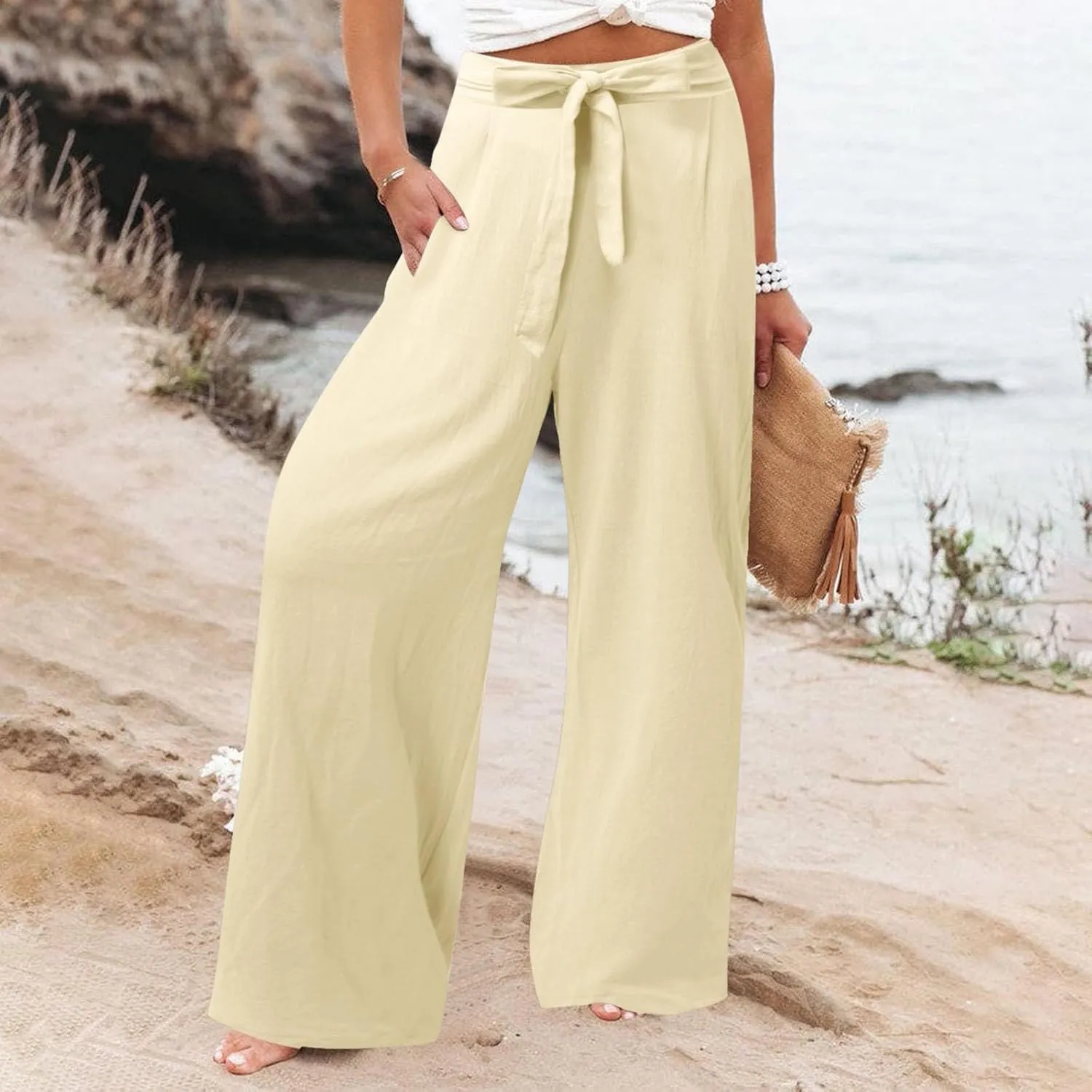 Womens Cotton Linen Summer Pull On Palazzo Pants Elastic Waist Ankle Length Slim-Fit Pant Trousers Vacation