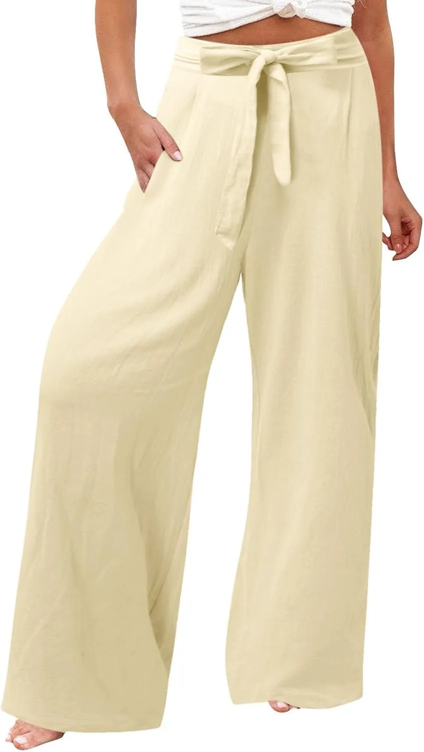Womens Cotton Linen Summer Pull On Palazzo Pants Elastic Waist Ankle Length Slim-Fit Pant Trousers Vacation