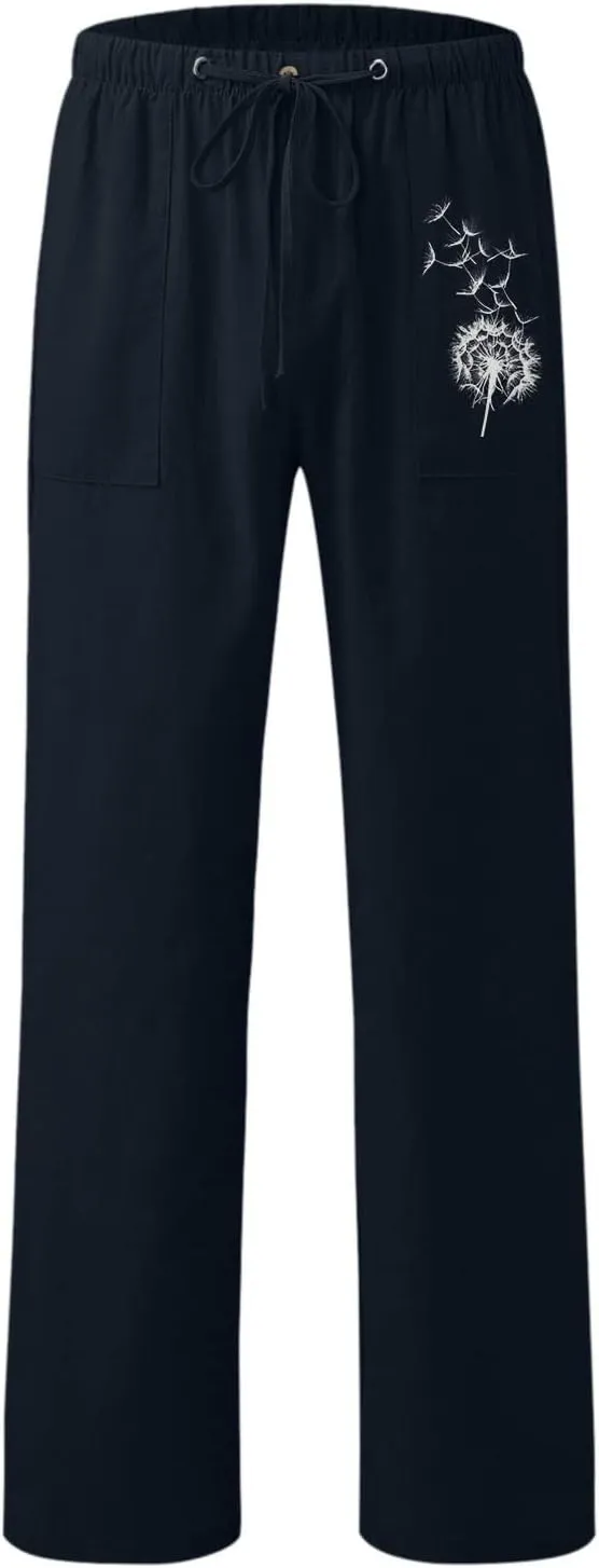Womens Dandelions Printing Casual Trousers Drawstring High Waist Straight Leg Pant Cotton Linen Trousers with Pockets (Dark Blue, S)