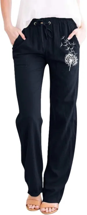Womens Dandelions Printing Casual Trousers Drawstring High Waist Straight Leg Pant Cotton Linen Trousers with Pockets (Dark Blue, S)