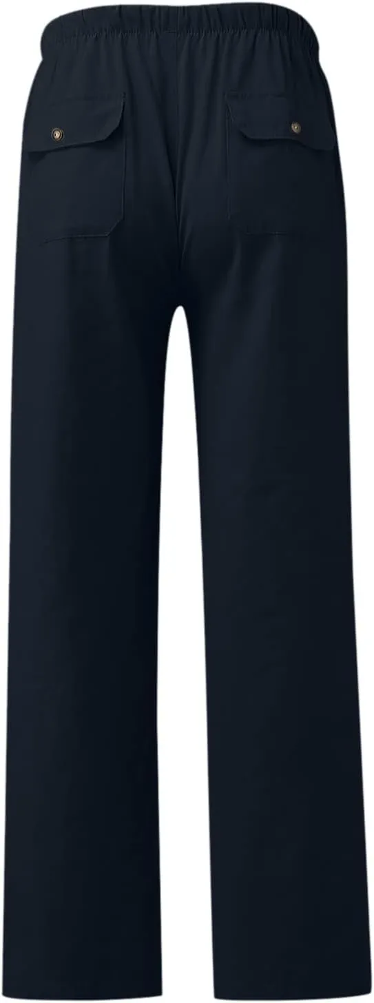 Womens Dandelions Printing Casual Trousers Drawstring High Waist Straight Leg Pant Cotton Linen Trousers with Pockets (Dark Blue, S)