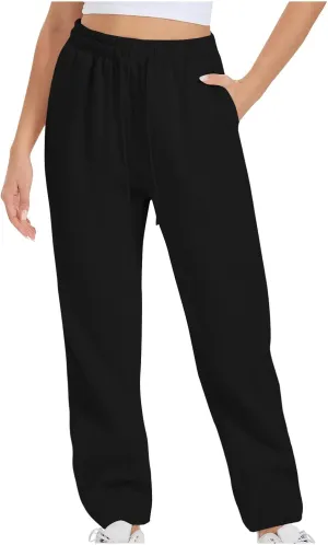Women's Drawstring Elastic Waist Straight Leg Sweatpants Baggy High Waisted Lounge Sweat Pants Trousers with Pockets