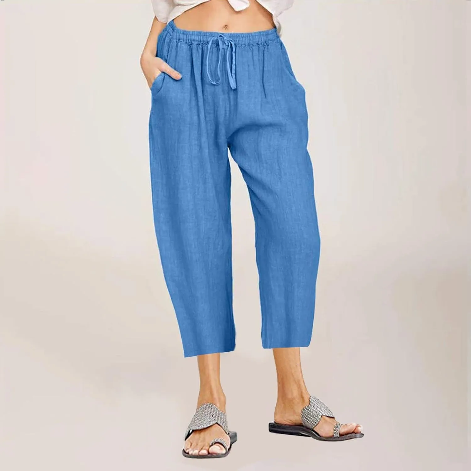 Women's Drawstring Linen Crop Pants Capris High Waisted Wide Leg Trousers Elastic Waist Summer Beach Pant with Pocket