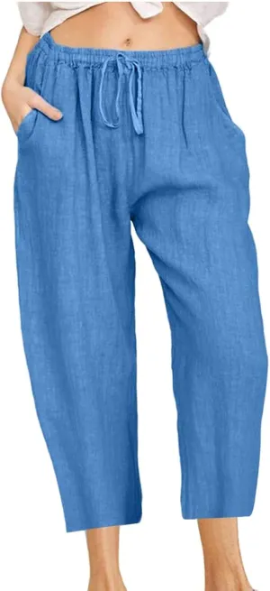 Women's Drawstring Linen Crop Pants Capris High Waisted Wide Leg Trousers Elastic Waist Summer Beach Pant with Pocket