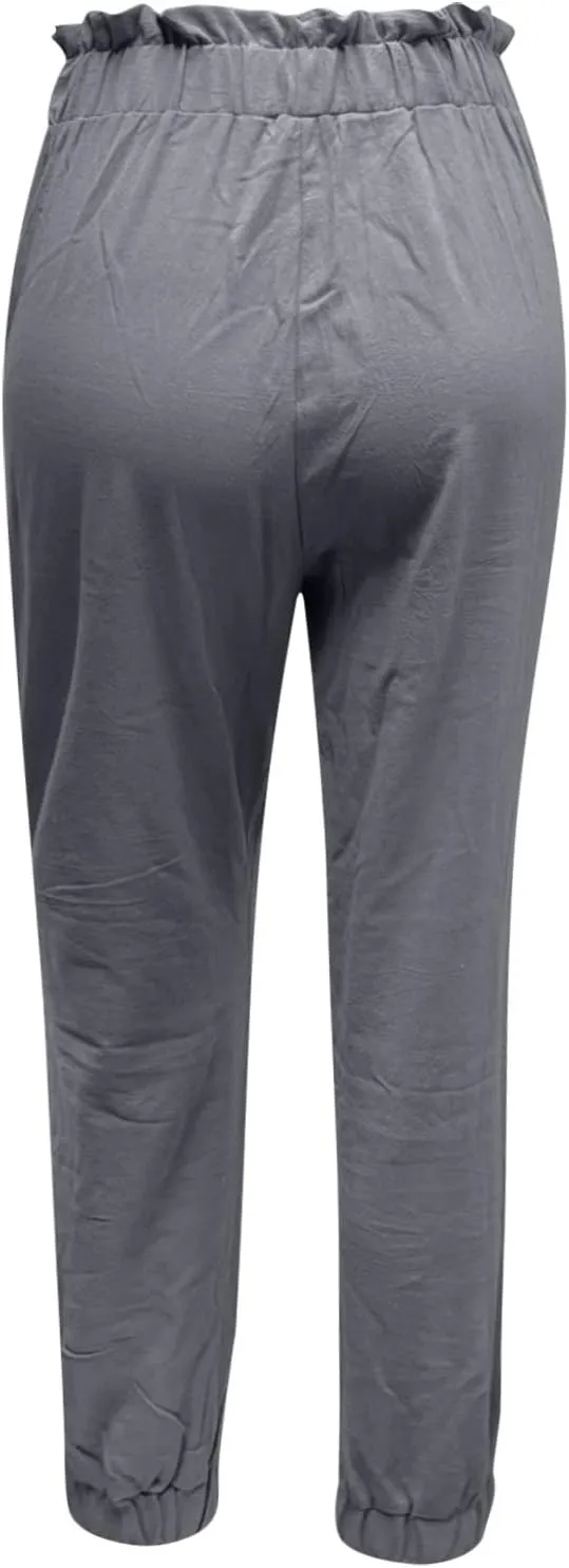 Womens Elastic Waist Cotton Linen Trousers Solid Color Slacks Lightweight Business Casual Pants Ladies Comfy Outfits