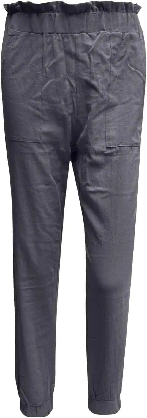 Womens Elastic Waist Cotton Linen Trousers Solid Color Slacks Lightweight Business Casual Pants Ladies Comfy Outfits