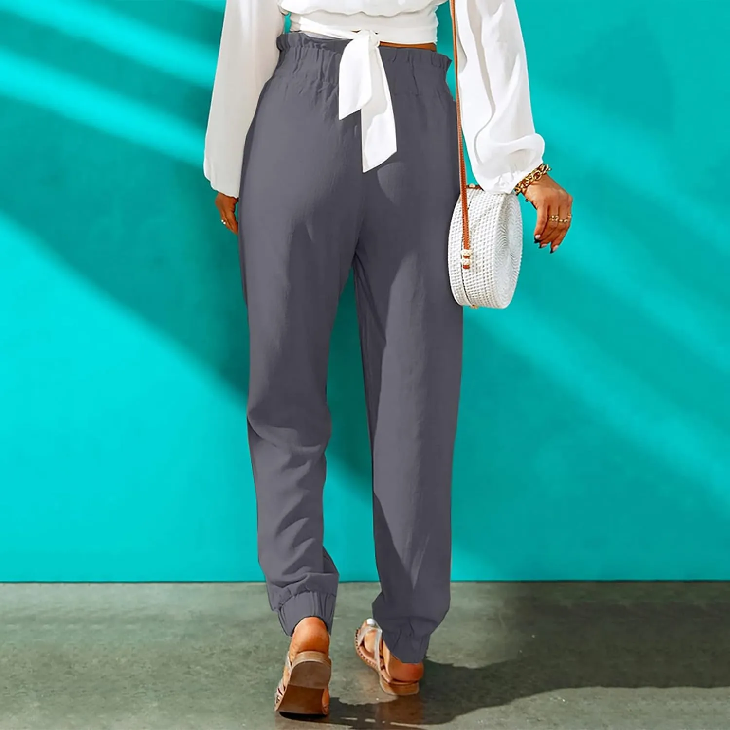 Womens Elastic Waist Cotton Linen Trousers Solid Color Slacks Lightweight Business Casual Pants Ladies Comfy Outfits