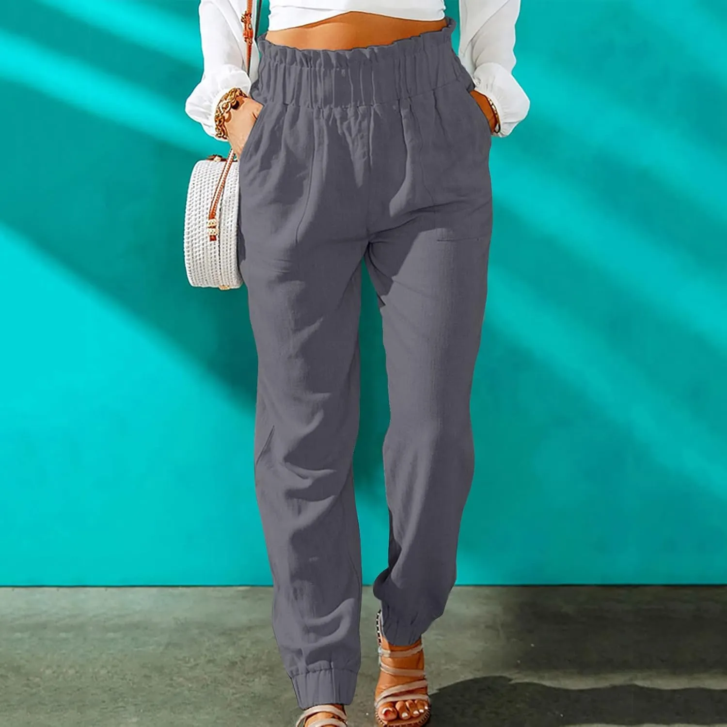 Womens Elastic Waist Cotton Linen Trousers Solid Color Slacks Lightweight Business Casual Pants Ladies Comfy Outfits
