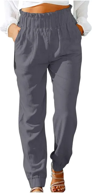 Womens Elastic Waist Cotton Linen Trousers Solid Color Slacks Lightweight Business Casual Pants Ladies Comfy Outfits