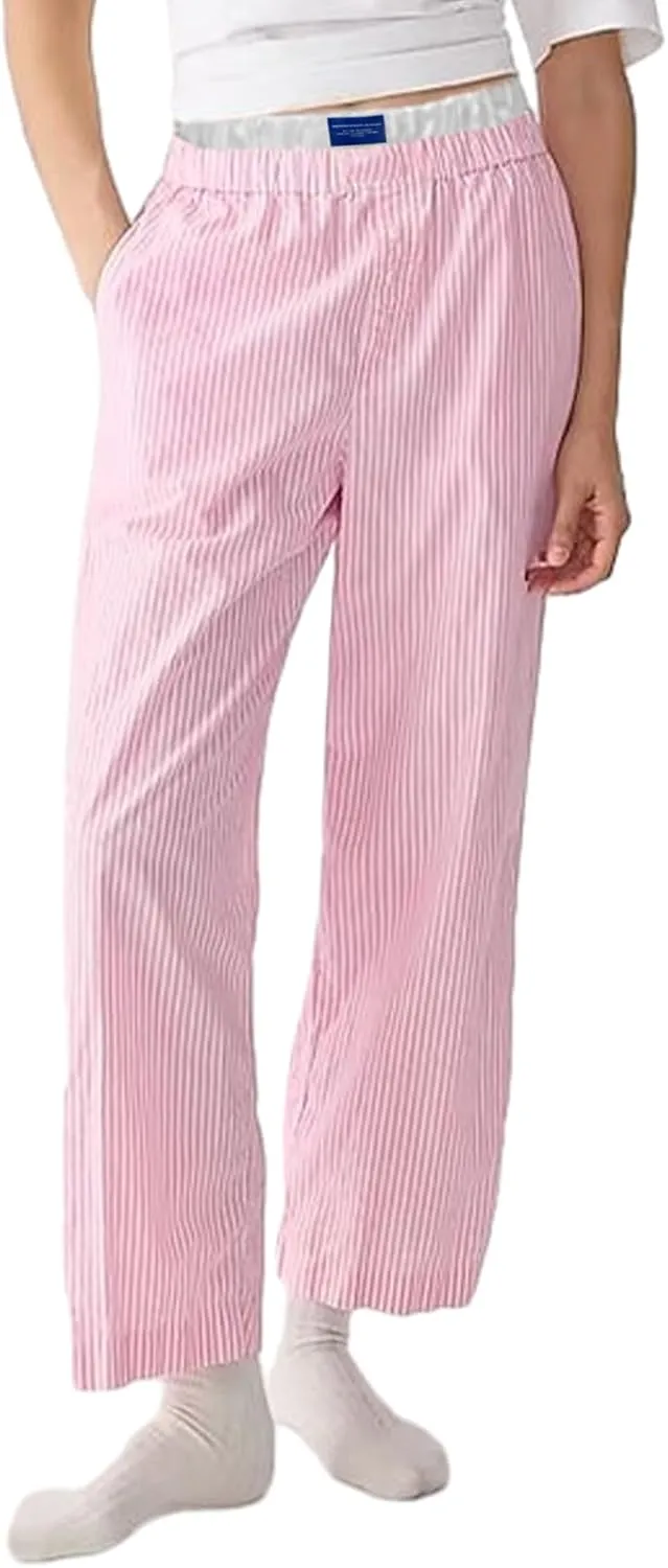 Women's Fashion Stripe Trousers Elastic High Waist Letter Sign Wide Leg Pants with Pockets Streetwear