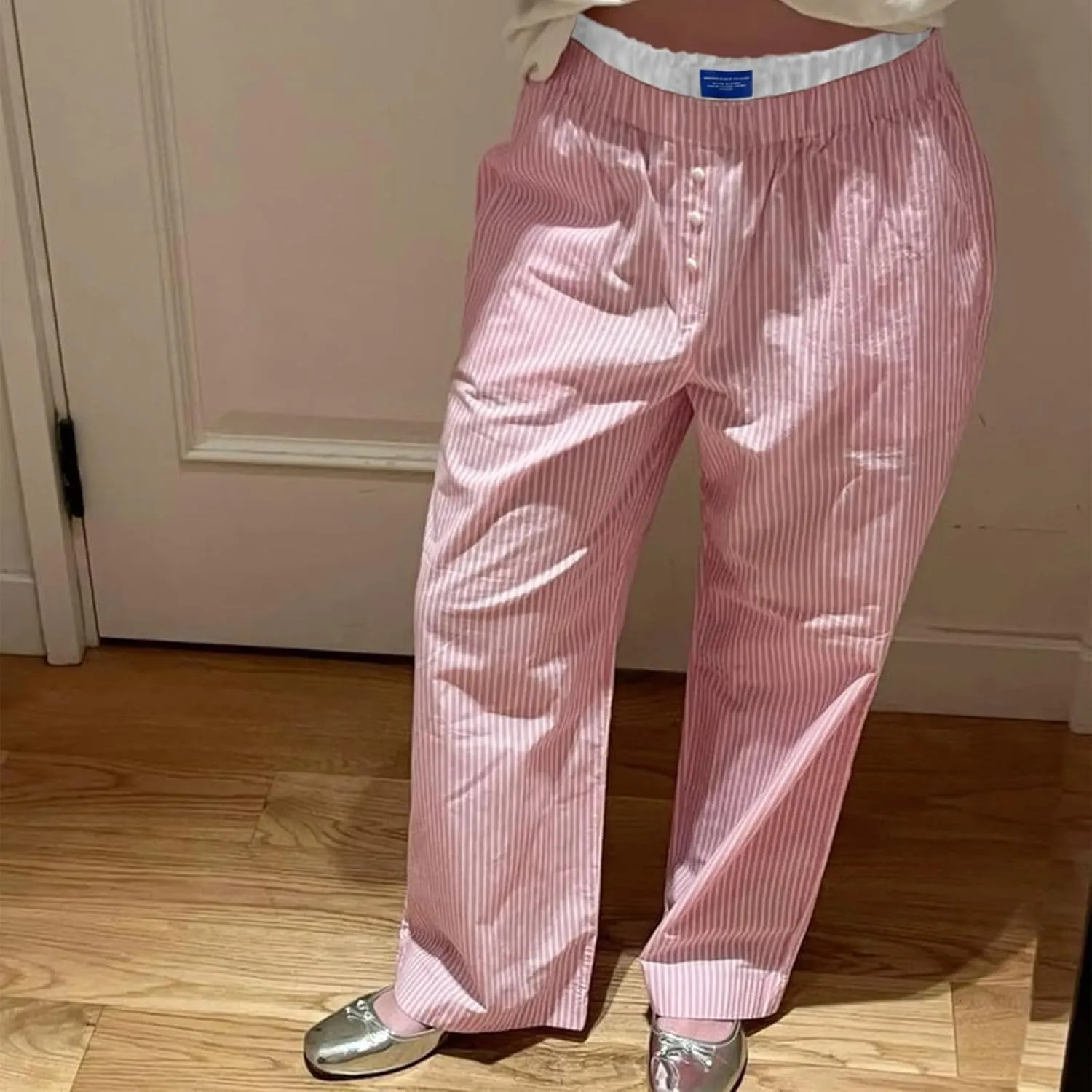 Women's Fashion Stripe Trousers Elastic High Waist Letter Sign Wide Leg Pants with Pockets Streetwear