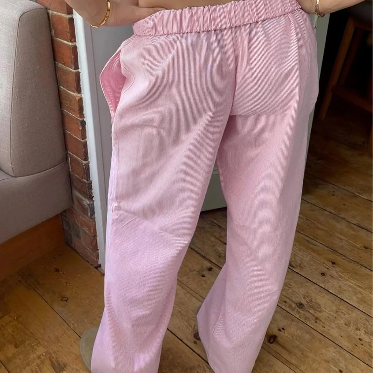 Women's Fashion Stripe Trousers Elastic High Waist Letter Sign Wide Leg Pants with Pockets Streetwear