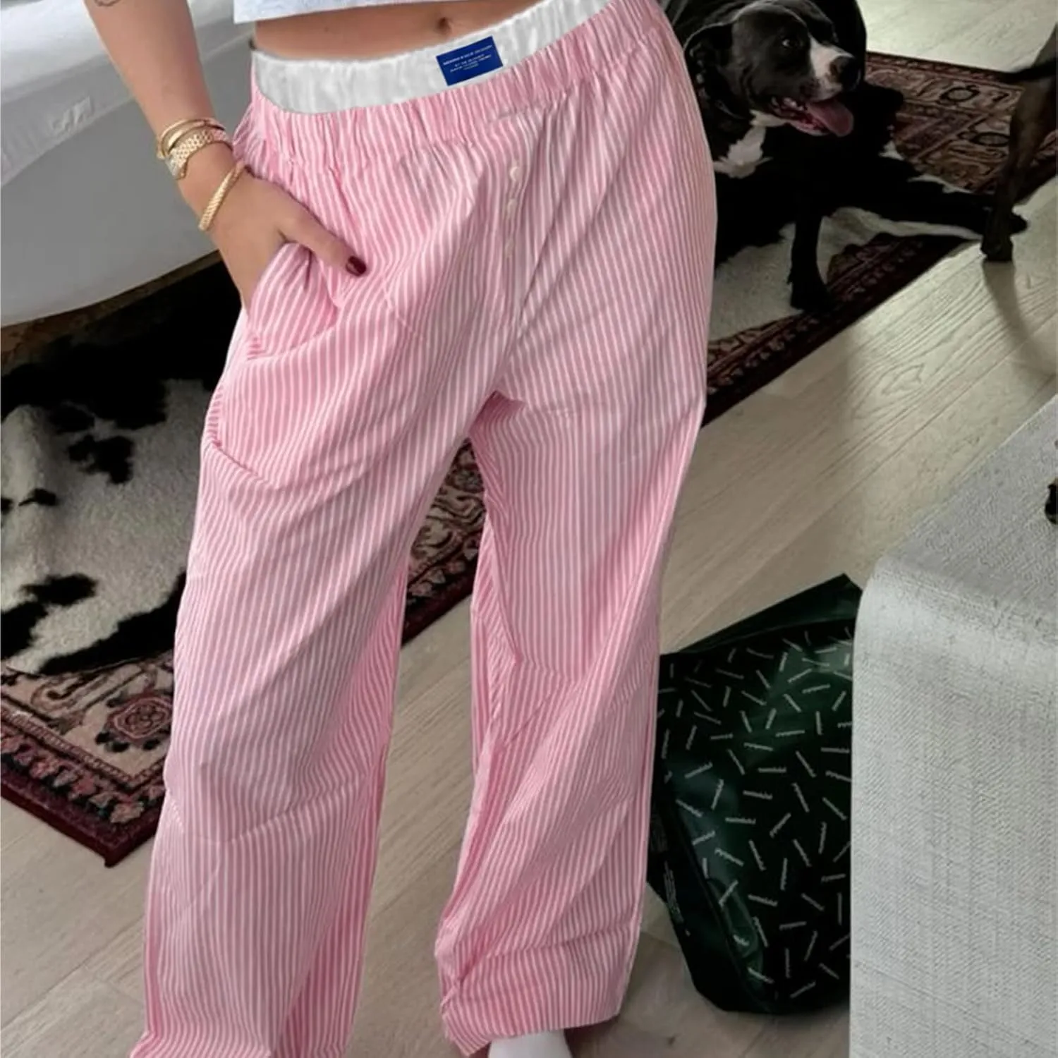Women's Fashion Stripe Trousers Elastic High Waist Letter Sign Wide Leg Pants with Pockets Streetwear