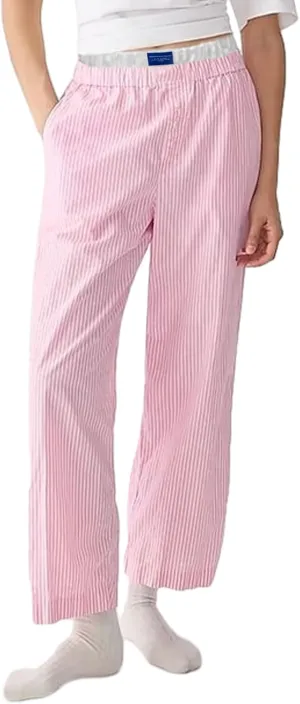 Women's Fashion Stripe Trousers Elastic High Waist Letter Sign Wide Leg Pants with Pockets Streetwear