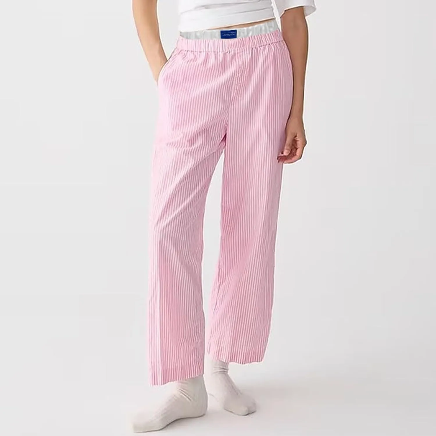 Women's Fashion Stripe Trousers Elastic High Waist Letter Sign Wide Leg Pants with Pockets Streetwear