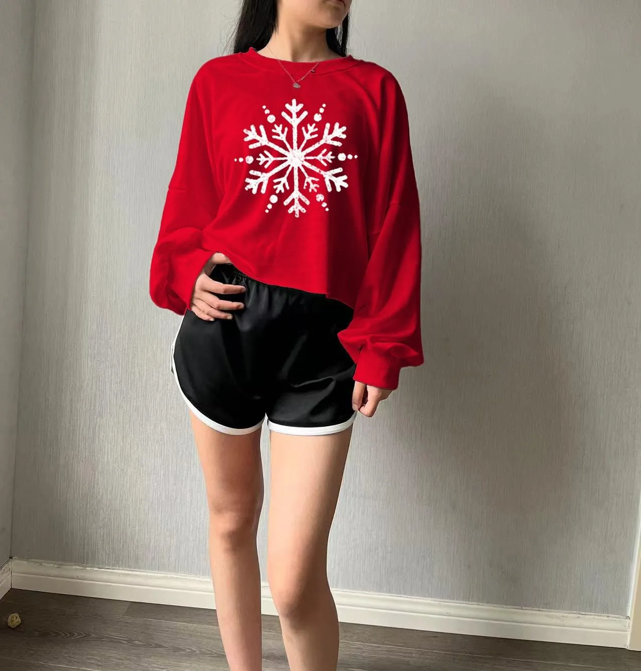 Women's Funny Christmas Graphic Crop Sweatshirts Xmas Holiday Party Casual Lantern Long Sleeve Pullover Tops