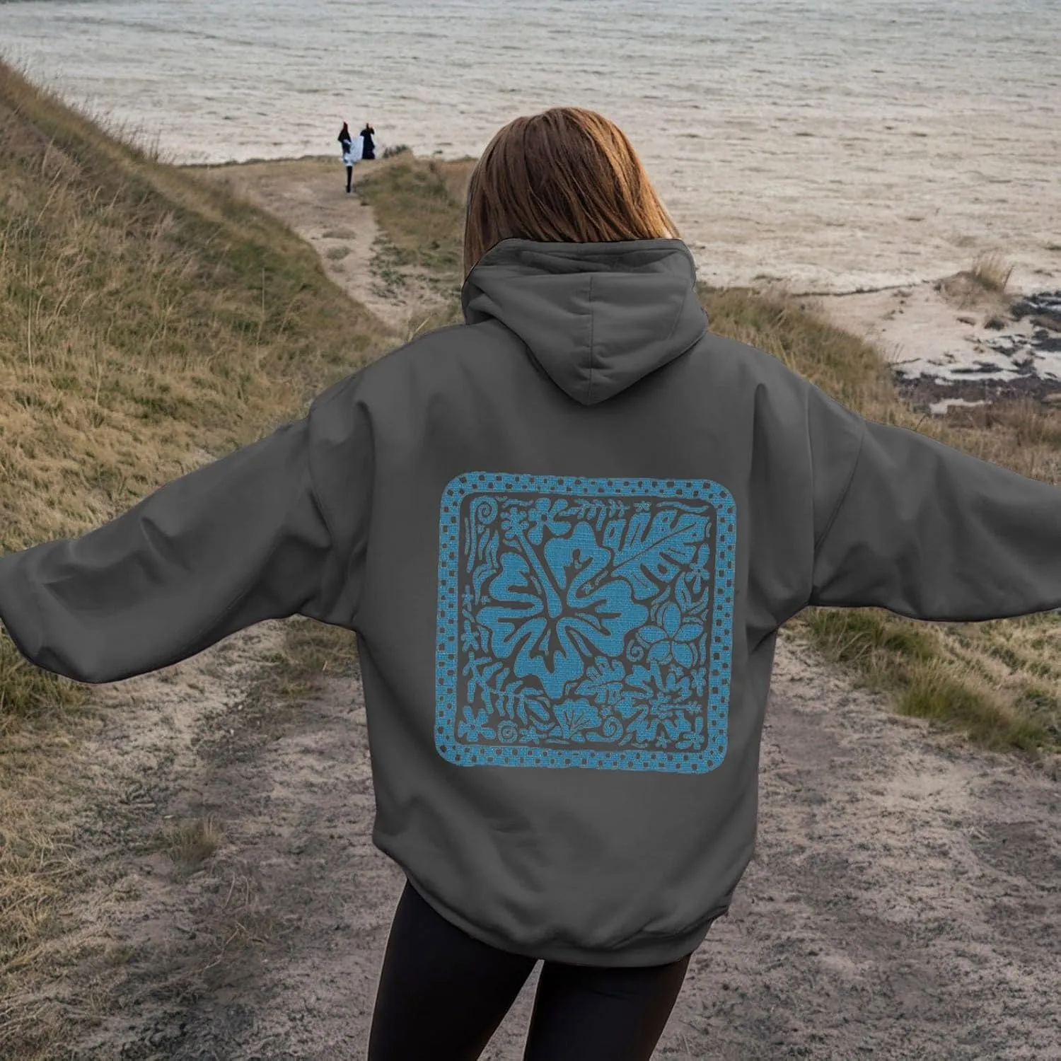 Women's Graphic Print Hoodies Oversized Long Sleeve Hooded Sweatshirts Cherry Floral Drop Shoulder Pullover Top