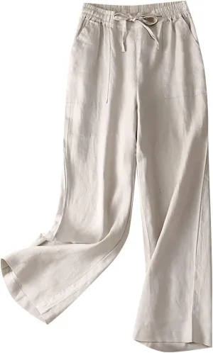 Womens High Waist Wide Leg Trouser Fit Loose Work Office Long Pants Drawstring High Waist Pants with Pockets (White, XXXL)