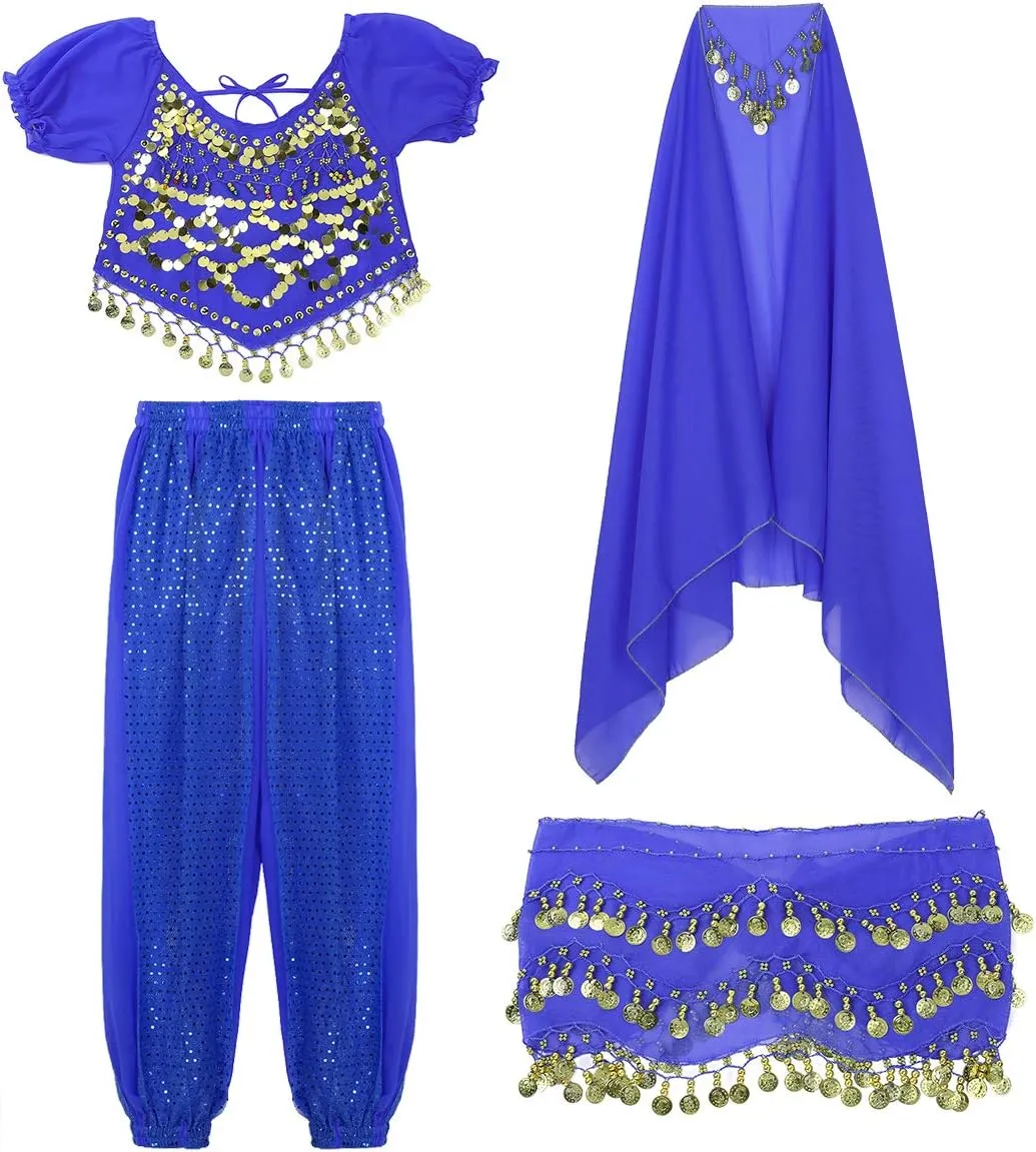 Women's India Shiny Coin Tassel Belly Dance Set Crop Top with Harem Pants Hip Scarf Head Scarfs
