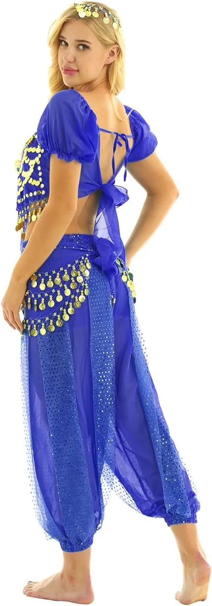 Women's India Shiny Coin Tassel Belly Dance Set Crop Top with Harem Pants Hip Scarf Head Scarfs