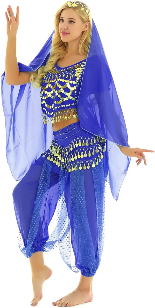 Women's India Shiny Coin Tassel Belly Dance Set Crop Top with Harem Pants Hip Scarf Head Scarfs