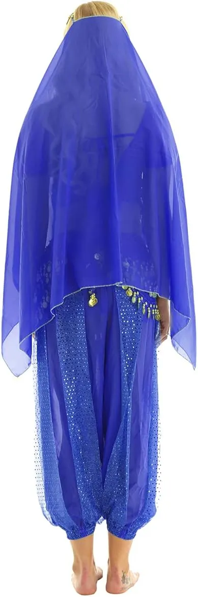 Women's India Shiny Coin Tassel Belly Dance Set Crop Top with Harem Pants Hip Scarf Head Scarfs