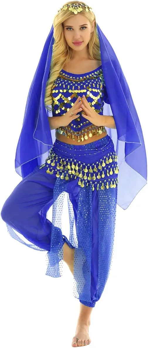 Women's India Shiny Coin Tassel Belly Dance Set Crop Top with Harem Pants Hip Scarf Head Scarfs