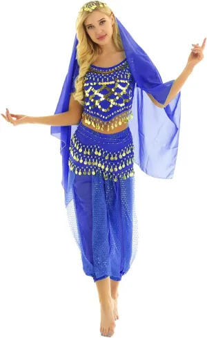 Women's India Shiny Coin Tassel Belly Dance Set Crop Top with Harem Pants Hip Scarf Head Scarfs