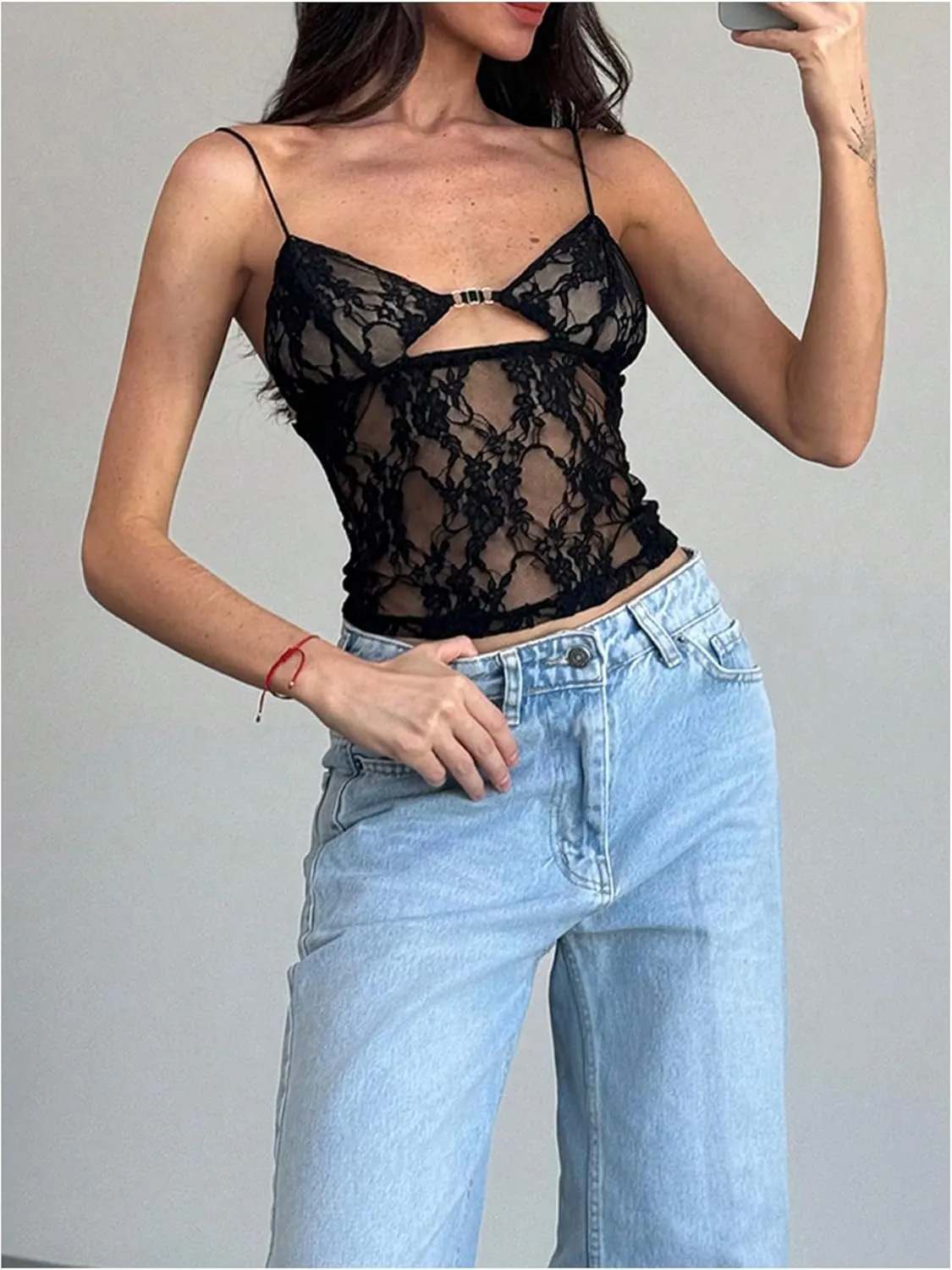 Women's Lace Sheer Cut Out Y2K Camisole Tops Slim Fit Spaghetti Strap Crop Tank Top