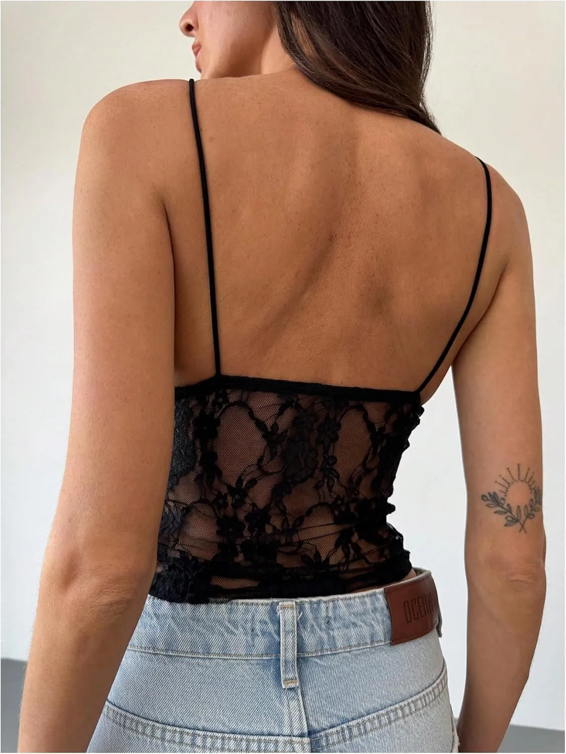 Women's Lace Sheer Cut Out Y2K Camisole Tops Slim Fit Spaghetti Strap Crop Tank Top