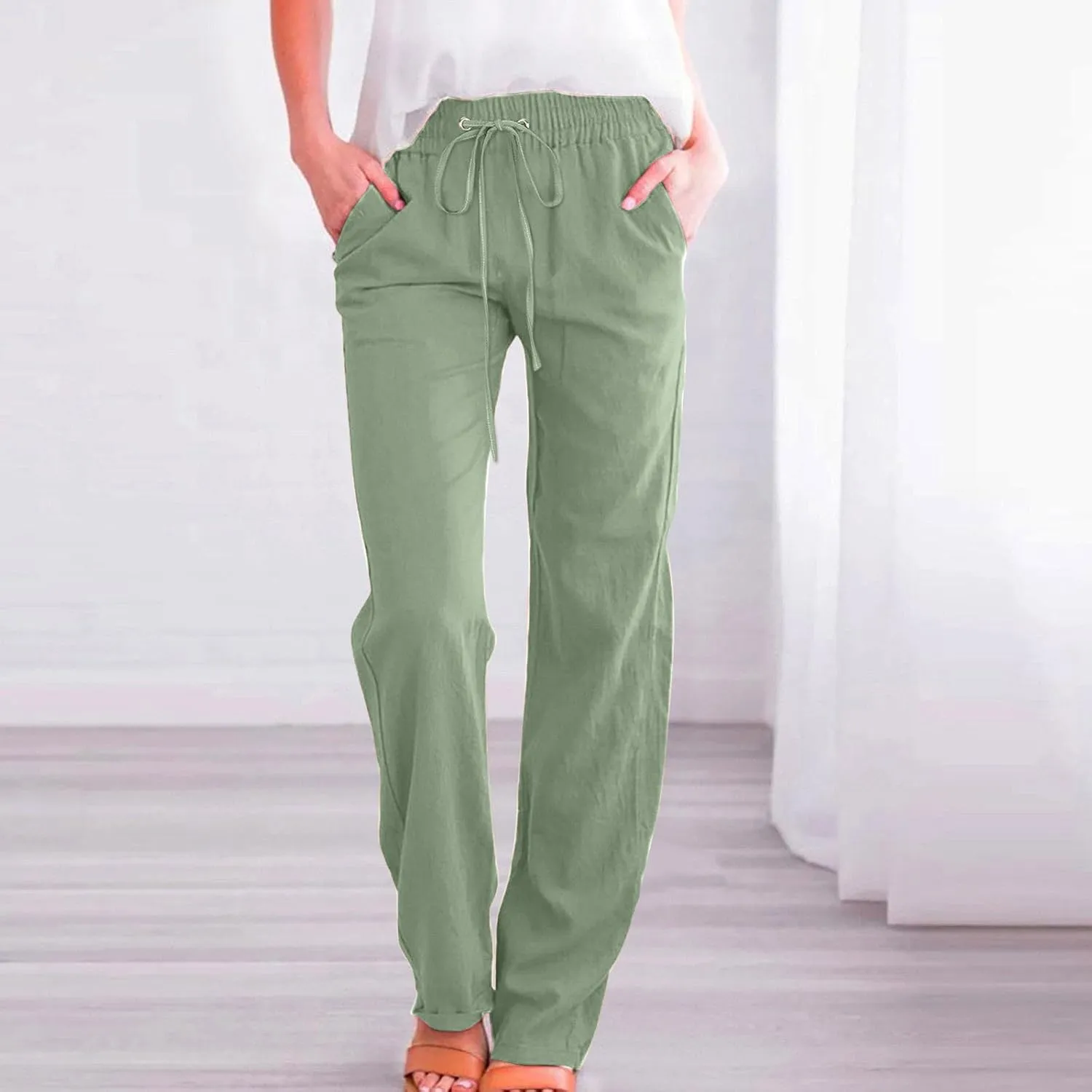 Womens Linen Blend Summer Split Flowy Pants Elastic Waist Long Lounge Slim Fit Pant Trousers Work Business