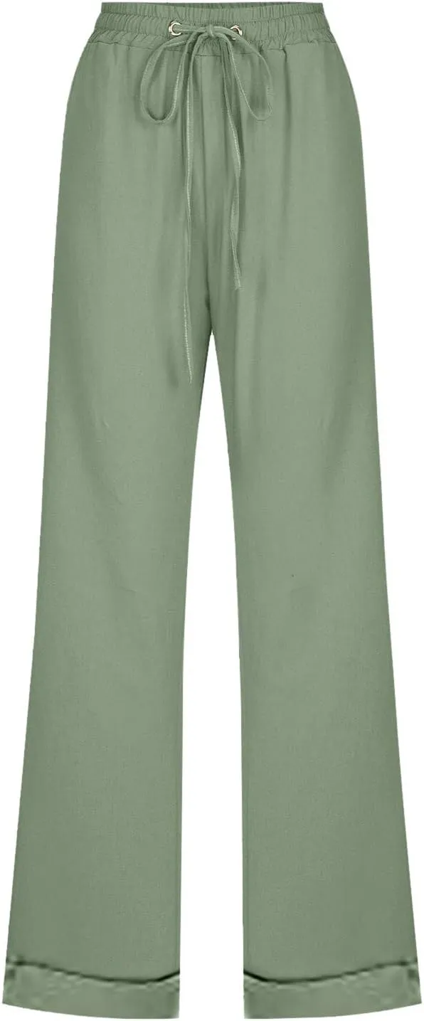 Womens Linen Blend Summer Split Flowy Pants Elastic Waist Long Lounge Slim Fit Pant Trousers Work Business
