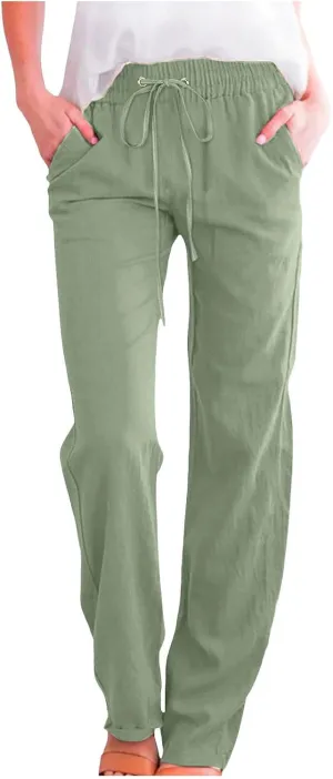 Womens Linen Blend Summer Split Flowy Pants Elastic Waist Long Lounge Slim Fit Pant Trousers Work Business
