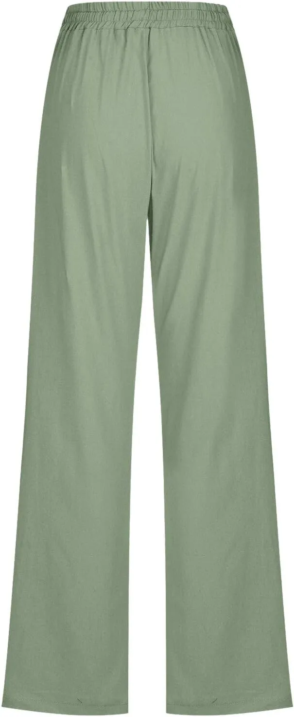 Womens Linen Blend Summer Split Flowy Pants Elastic Waist Long Lounge Slim Fit Pant Trousers Work Business