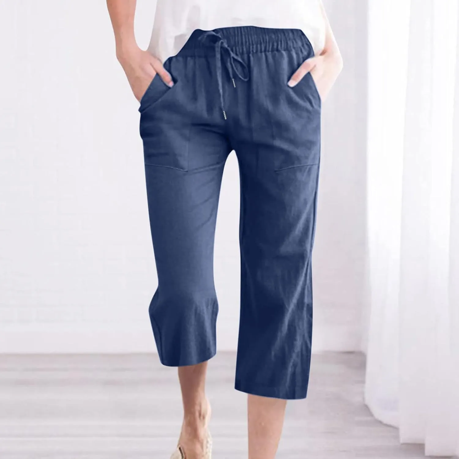 Womens Linen Capri Pants Summer Casual Capris with Pockets Comfy Palazzo Short Trousers High Waisted Cropped Pants