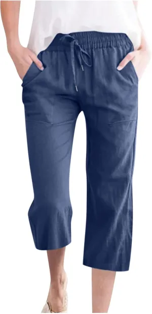 Womens Linen Capri Pants Summer Casual Capris with Pockets Comfy Palazzo Short Trousers High Waisted Cropped Pants