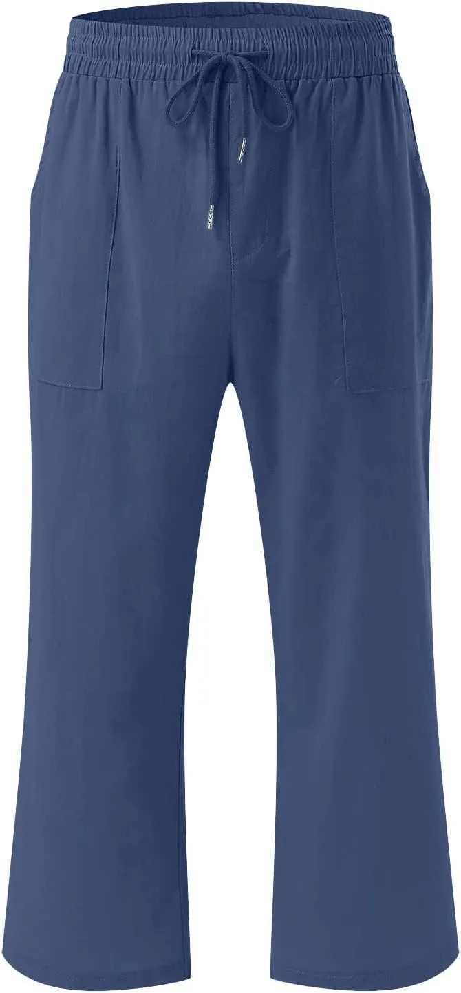 Womens Linen Capri Pants Summer Casual Capris with Pockets Comfy Palazzo Short Trousers High Waisted Cropped Pants