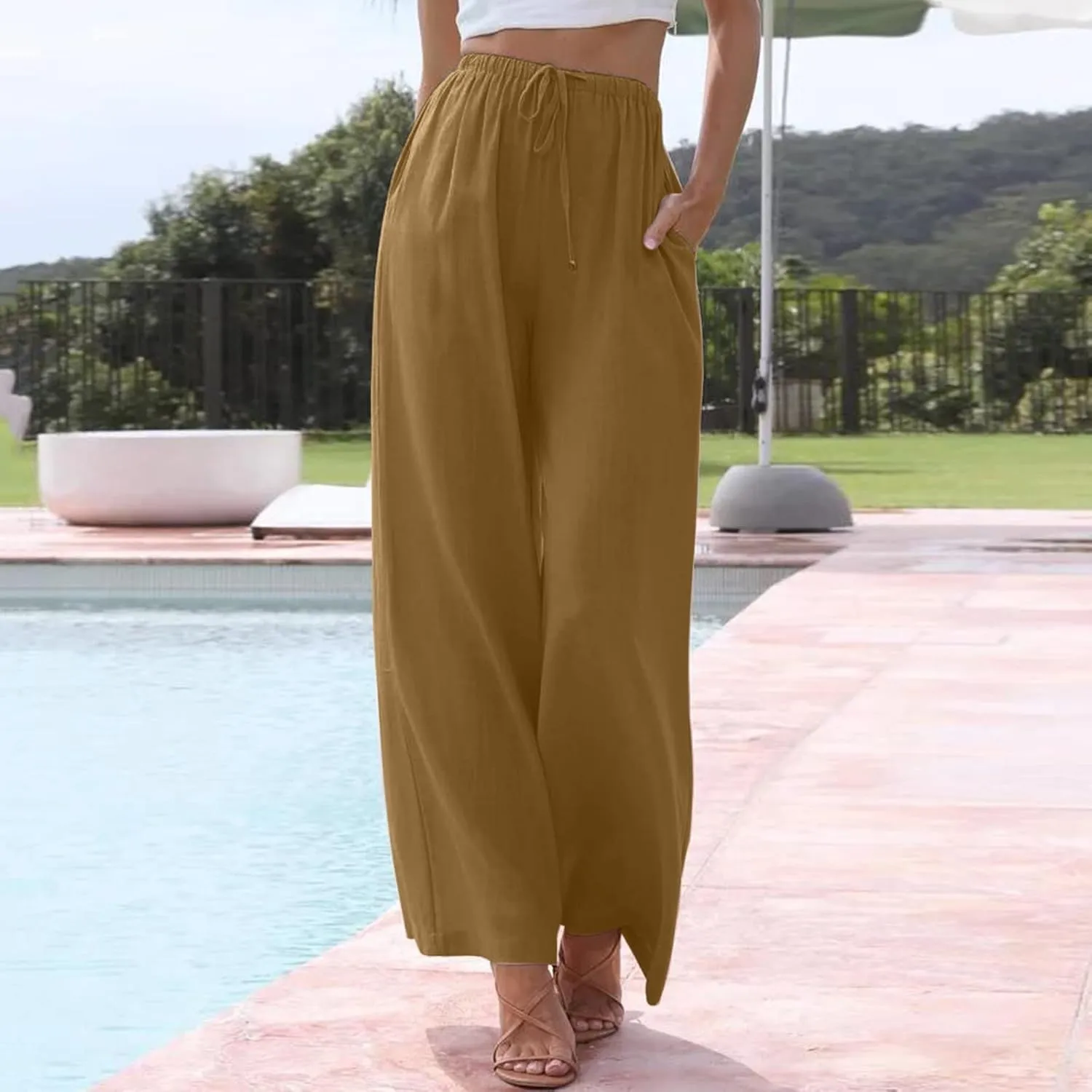 Womens Linen Casual Pants Winter Trendy Yoga Trousers with Pockets Fleece Lined Straight Leg