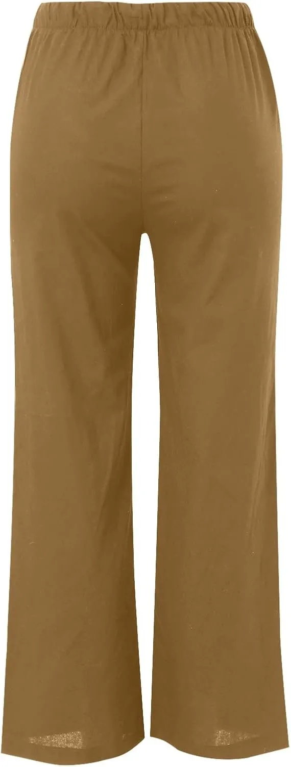 Womens Linen Casual Pants Winter Trendy Yoga Trousers with Pockets Fleece Lined Straight Leg