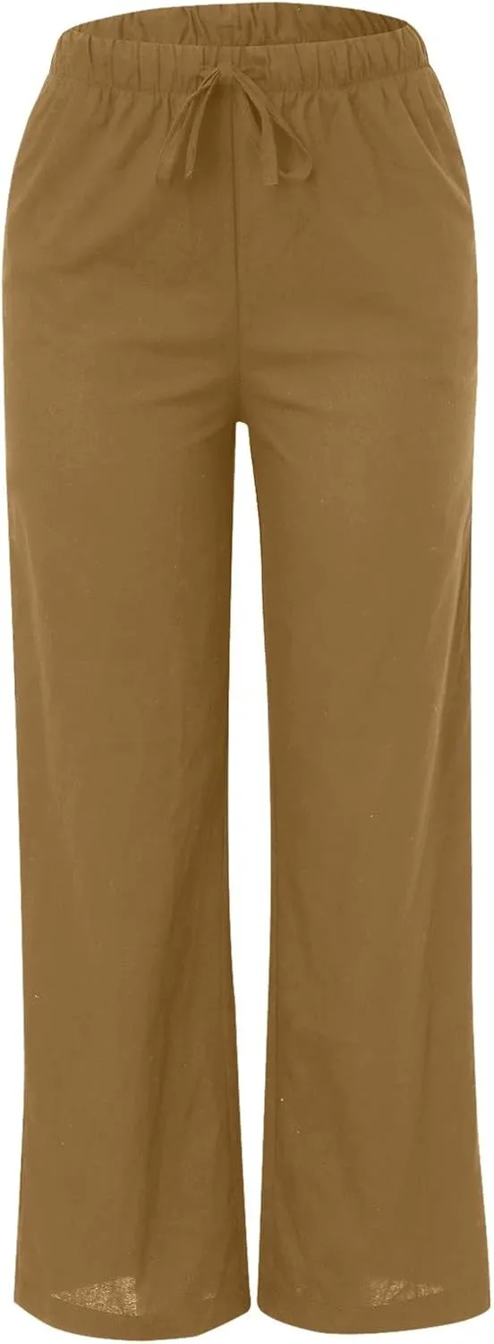 Womens Linen Casual Pants Winter Trendy Yoga Trousers with Pockets Fleece Lined Straight Leg