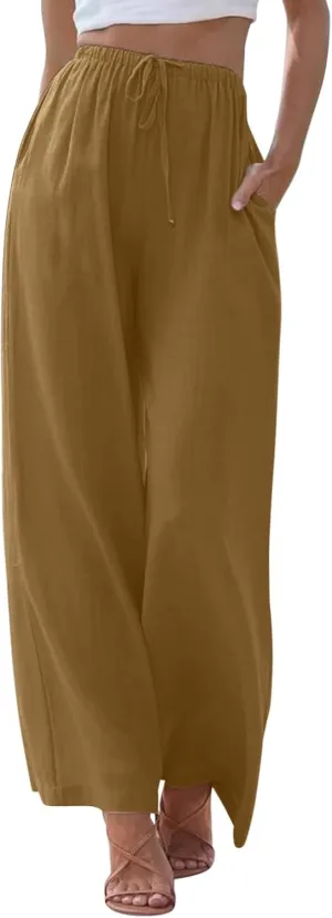 Womens Linen Casual Pants Winter Trendy Yoga Trousers with Pockets Fleece Lined Straight Leg