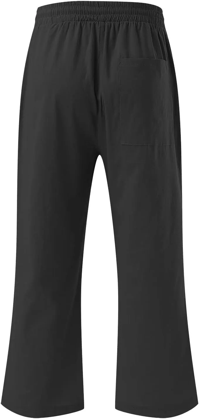 Women's Linen Cotton Wide Leg Pants Boho Palazzo Trousers for Summer High Waisted Elastic Side Pockets Sizes XS-XXL
