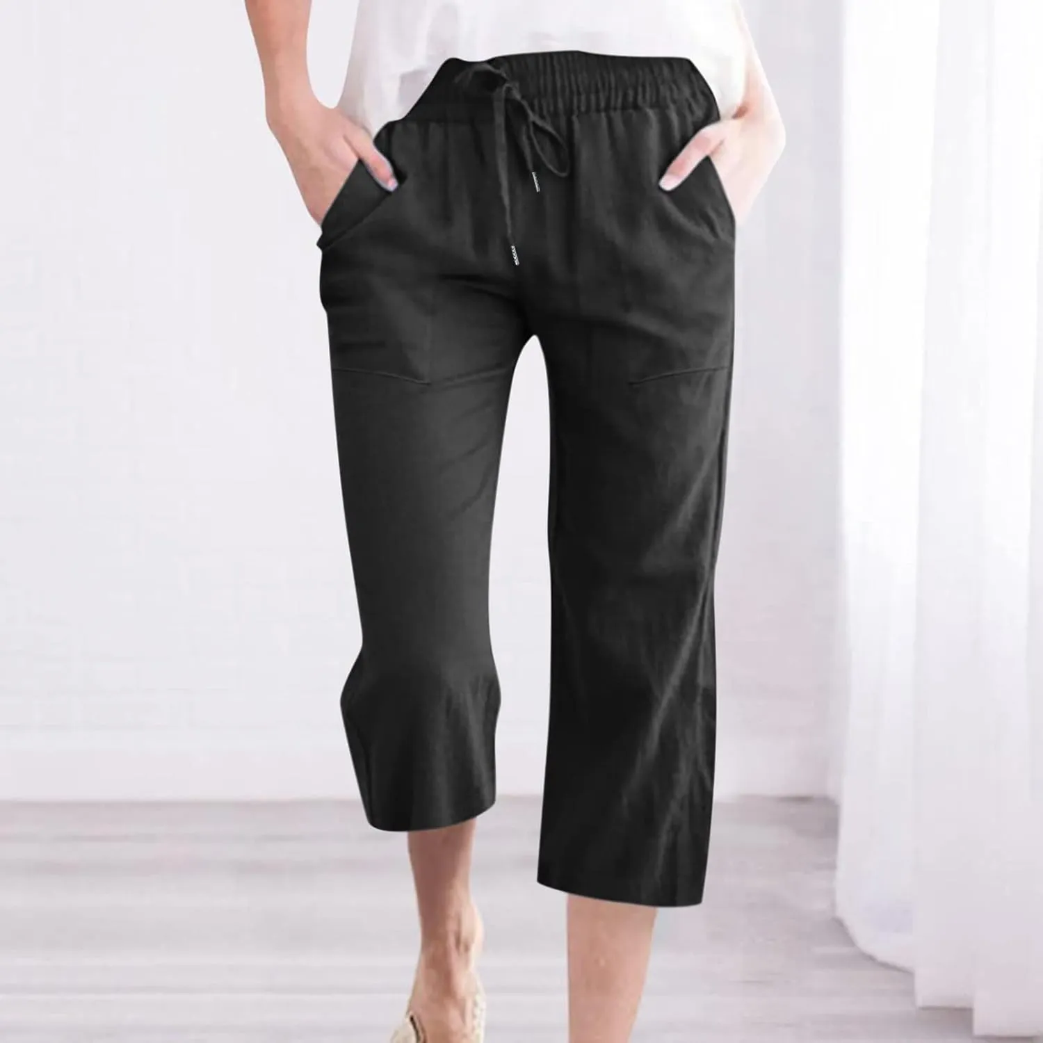 Women's Linen Cotton Wide Leg Pants Boho Palazzo Trousers for Summer High Waisted Elastic Side Pockets Sizes XS-XXL