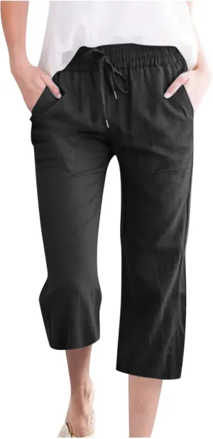 Women's Linen Cotton Wide Leg Pants Boho Palazzo Trousers for Summer High Waisted Elastic Side Pockets Sizes XS-XXL
