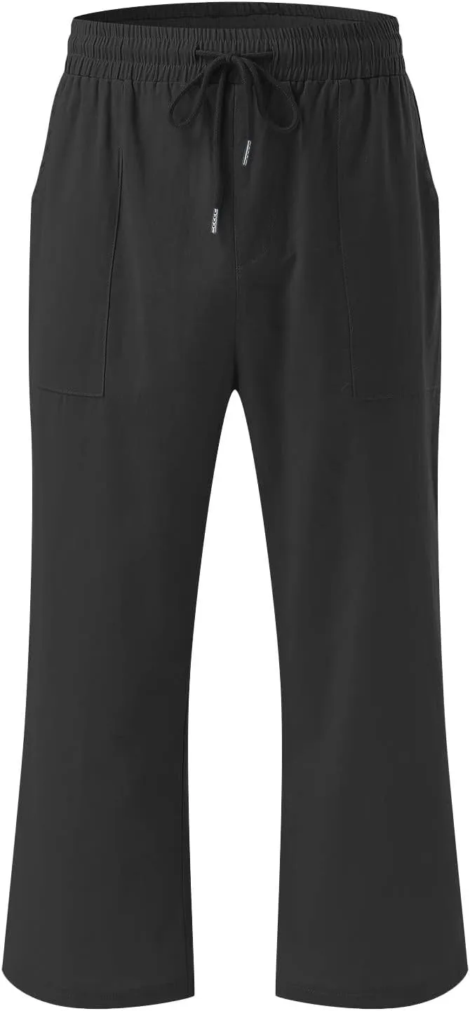 Women's Linen Cotton Wide Leg Pants Boho Palazzo Trousers for Summer High Waisted Elastic Side Pockets Sizes XS-XXL