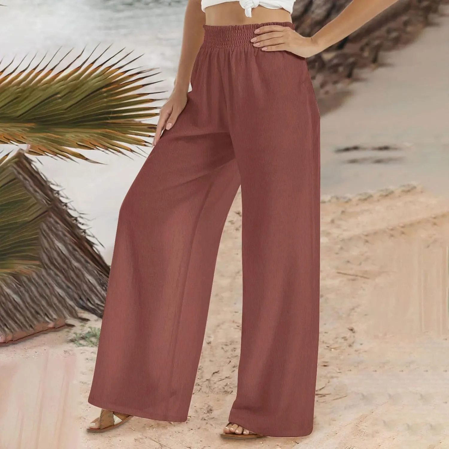 Women's Linen Palazzo Pants with Pockets Flowy Wide Leg Beach Lounge Trousers Summer Casual Vacation Dress Pant