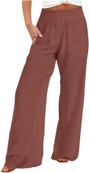 Women's Linen Palazzo Pants with Pockets Flowy Wide Leg Beach Lounge Trousers Summer Casual Vacation Dress Pant