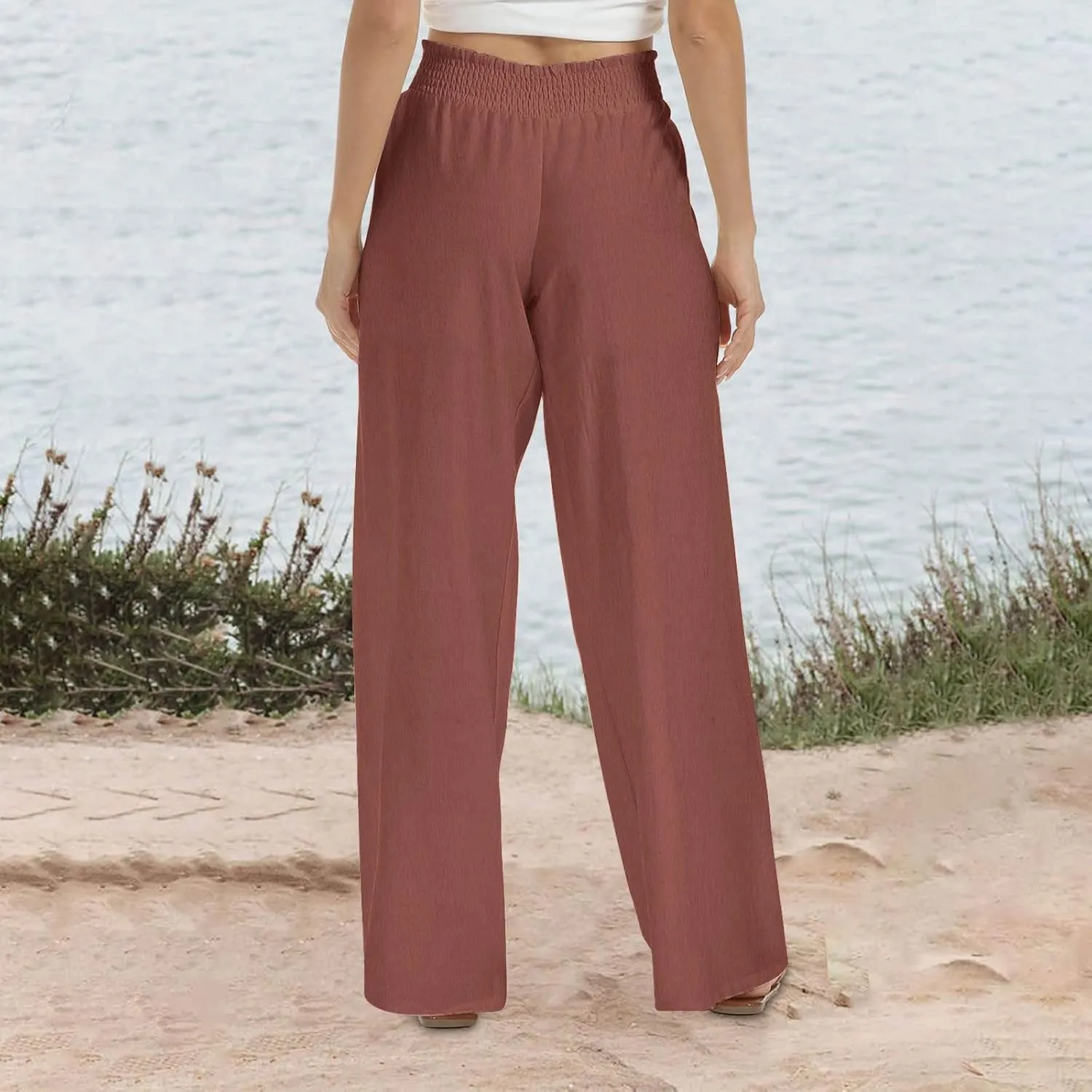 Women's Linen Palazzo Pants with Pockets Flowy Wide Leg Beach Lounge Trousers Summer Casual Vacation Dress Pant