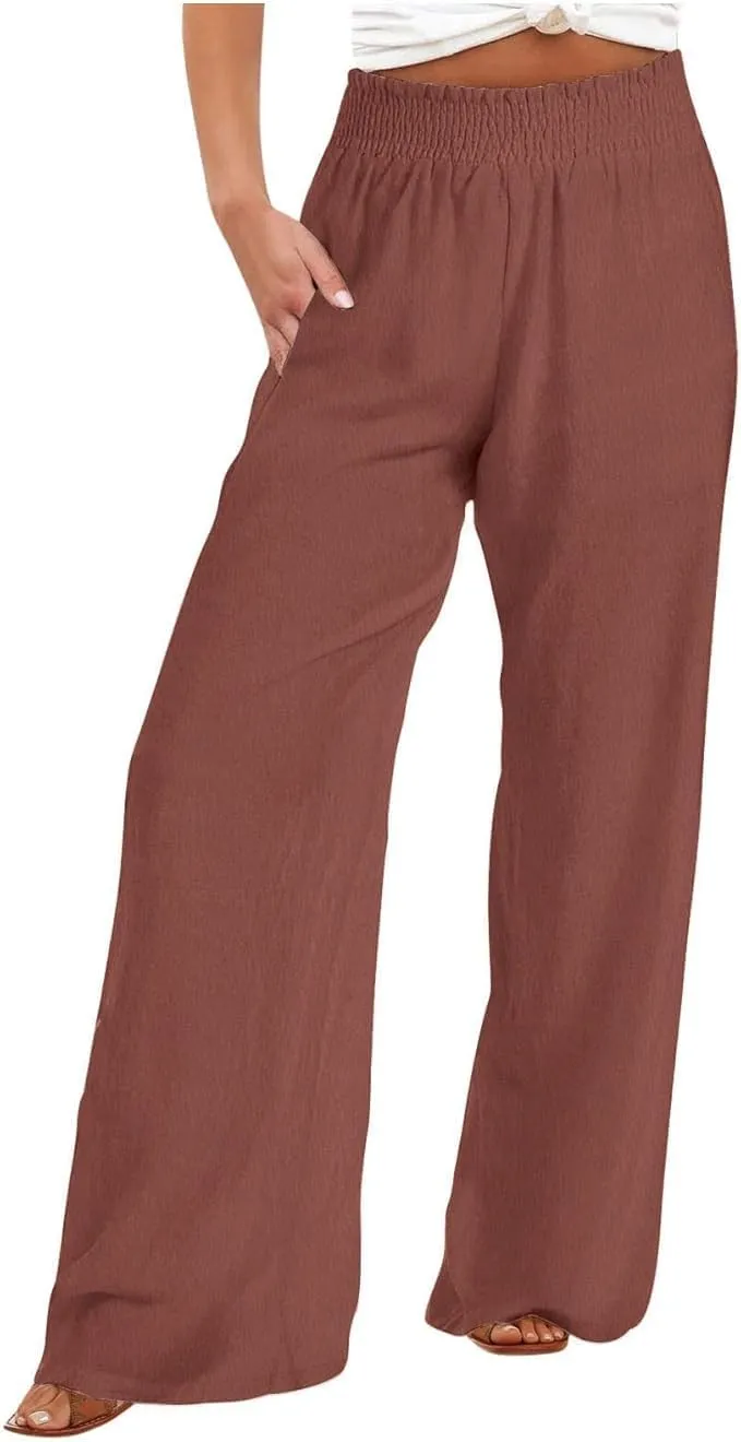 Women's Linen Palazzo Pants with Pockets Flowy Wide Leg Beach Lounge Trousers Summer Casual Vacation Dress Pant